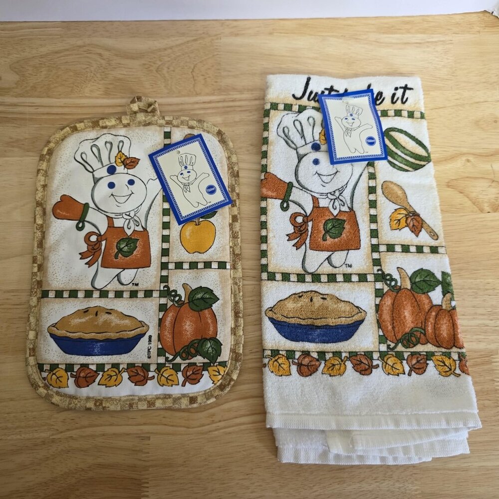 Pillsbury White Kitchen Towel & Pot Holder Set Doughboy Just Bake It Fall Decor